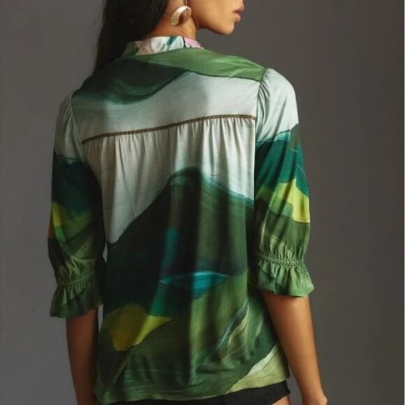 Anthropologie Bl^Nk London Stephanie Top Size XXS Green Floral V Neck Blouse 2 - Picture 3 of 15